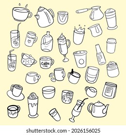 Collection of  hot drinks and beverage. Brewing or pouring green and black or matcha tea, cacao, espresso coffee with sugar. Flat vector cartoon illustration isolated.