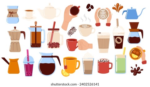 Collection hot drinks and beverage. Espresso coffee, cappuccino, latte, tea, bubble tea, matcha, cacao, chocolate.Vector illustration in doodle style