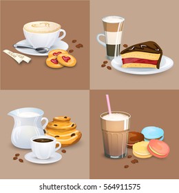 Collection of hot drinks with desserts. Good for menu, restaurant list, cafe. Tasty sets vector illustrations. Isolated objects, flat background