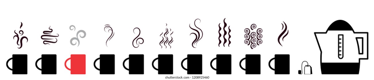Collection of hot drinks icon with steam symbols isolated. Steaming beverage pictograms with different waves