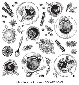 Collection of hot drinks. The view from the top. Hand-drawn sketches with tea and coffee. Decorated with cinnamon and star anise. The style of engraving. Vector illustration isolated drinks in mugs.
