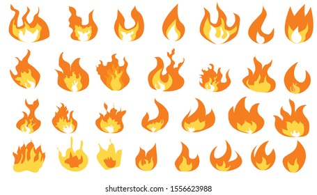 Collection of hot flaming element. Idea of energy and power. Cartoon Fire Flames Set Light Effect for Web, Game Design Flat Style.  Fires image, flammable blaze heat explosion danger flames energy