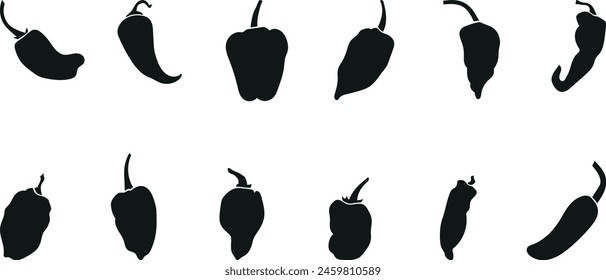 Juego de línea delgada de pimientos. Ilustración vectorial de especias