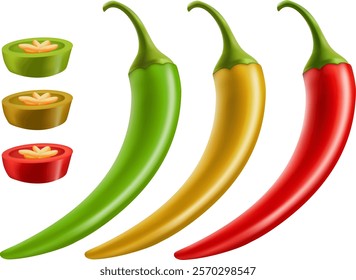 Collection of hot peppers Red Green Yellow . slice and ring of hot vegetable spice Hot spicy chilli peppers compositions 3d ripe chili on white background.