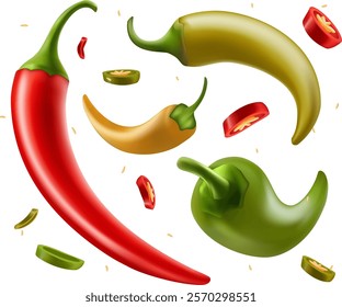 Collection of hot peppers Red Green Yellow . slice and ring of hot vegetable spice Hot spicy chilli peppers compositions 3d ripe chili on white background.