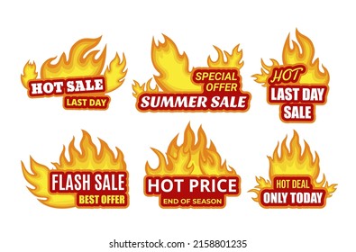 Collection hot sale burning fire flame sticker template with place for text vector flat illustration. Set retail promo special offer discount advertisement poster. Commercial deal mark shopping tag