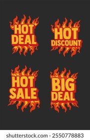 Collection hot sale burning fire flame sticker template with place for text vector flat illustration