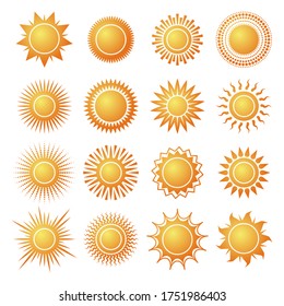Collection of hot sun icons, isolated on white background. Vector set