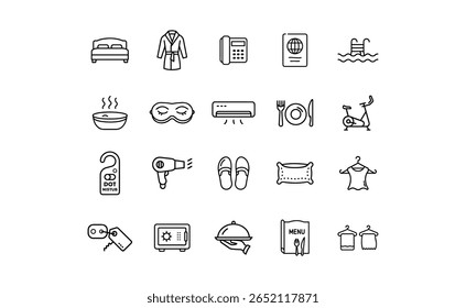 Coleção de amenidades do hotel ícones de linha, incluindo uma cama, roupão, telefone, passaporte, piscina e outros símbolos relacionados a viagens e alojamento.