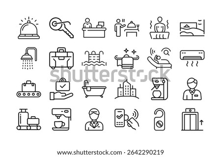 A collection of hotel amenities and services represented by simple, clean line icons on a white background.