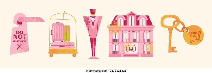 Collection hotel building facade, luggage, room keys, door handles, elevator, bellhop, 'Do Not Disturb' sign, service bell, and champagne glass. Flat cartoon style. Hospitality,  travel concept set