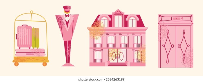 Collection hotel building facade, luggage, room keys, door handles, elevator, bellhop, service bell, and champagne glass. Flat cartoon style. Hospitality,  travel concept set