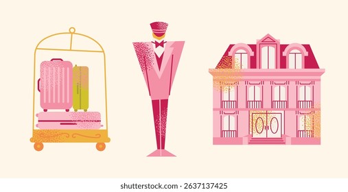 Collection hotel building facade, luggage, room keys, door handles, elevator, bellhop, service bell, and champagne glass. Flat cartoon style. Hospitality,  travel concept set