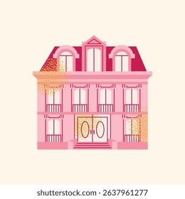 Collection hotel building facade, luggage, room keys, door handles, elevator, bellhop, service bell, and champagne glass. Flat cartoon style. Hospitality,  travel concept set