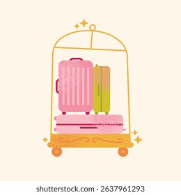 Collection hotel building facade, luggage, room keys, door handles, elevator, bellhop, service bell, and champagne glass. Flat cartoon style. Hospitality,  travel concept set