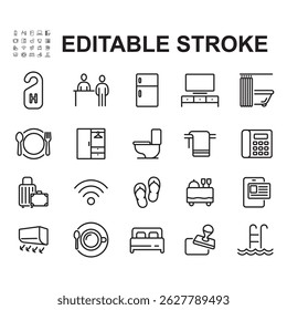 Collection of hotel related icons. Thin line style vectors. Contains icons such as service roam, bathup, towel and many more.