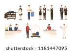 Collection of hotel staff - receptionist, maid or housekeeping service and laundry attendant workers, waiters and waitresses, chief, bellhop isolated on white background. Cartoon vector illustration.
