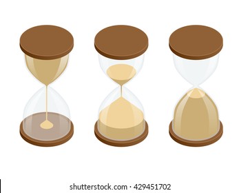 Collection Of Hourglasses On White Background. Sand Clock Flat 3d Vector Isometric Illustration.