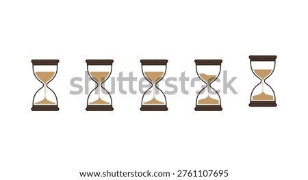 Collection of hourglasses with sand running out, passing time, deadline, countdown, time management