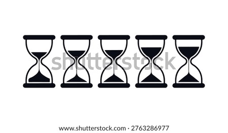 Collection of hourglasses with sand running out, passing time, deadline, countdown, time management