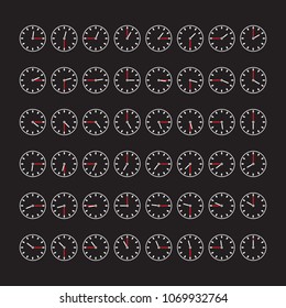 Collection of hourly dials, show the time during the day with an interval of 15 minutes. Vector design.