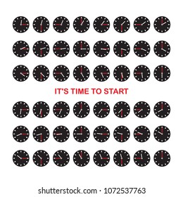 Collection of hourly dials, show the time during the day with an interval of 15 minutes. Vector design.