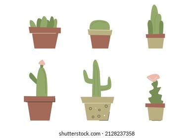 Collection of house cacti in flat cartoon style. Succulents, trendy minimalistic house decor with  cacti in  stylish pots. Vector illustration