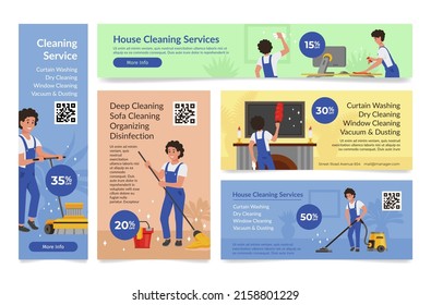 Collection house cleaning service landing page internet poster template vector illustration. Set housekeeping sale discount advertising. Professional male maid cleanser staff indoor hygiene cleanup