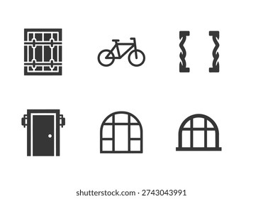 Collection of house construction symbols including arched windows. Modern front door icon and classic bicycle silhouette. Ornate wrought iron fence pillars design.