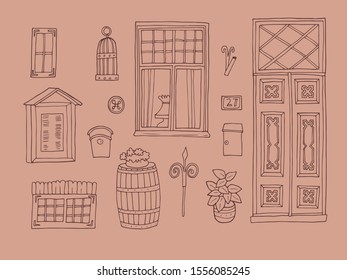Collection of house elements. Old european city Tallinn. Vintage wooden door and windows, street details. Hand-drawn vector illustration.