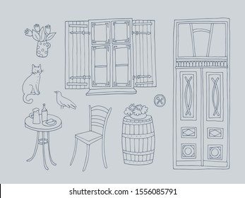 Collection of house elements. Old european city Tallinn. Street details. Hand-drawn vector illustration.