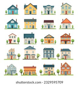 Colección de íconos frontales de la casa en un estilo vectorial minimalista, con una variedad de casas y casas diseñadas para uso residencial y de huéspedes.