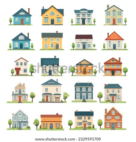 Collection of house front icons in a minimalist vector style, featuring an array of cottages and houses designed for residential and guest use.