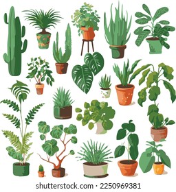 Collection of house indoor house plants monstera, cactus etc. vector pack with green plants in pots clipart