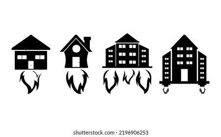 Collection of House on Fire Silhouette Illustrations White Background 