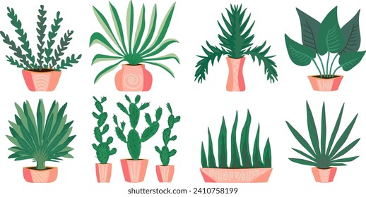 Collection of house plants in slides. Plants in pots. Vector illustration.