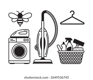 A collection of household cleaning and laundry items, including a washing machine with an iron on top, a vacuum cleaner, a clothes hanger, and a basket filled with cleaning supplies