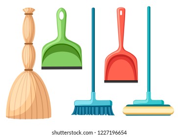 Collection of household cleaning utensil. Broom, mop, scoop. Flat vector illustration isolated on white background.