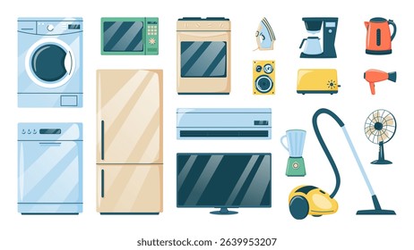 Collection of household electronic appliances including washing machine, dishwasher, microwave oven, fridge, tv set, conditioner, vacuum, kettle, iron, speaker, fan and blender. Vector illustration.