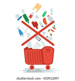 Collection of household waste. Improper garbage disposal. Objects isolated on white background. Flat cartoon vector illustration.