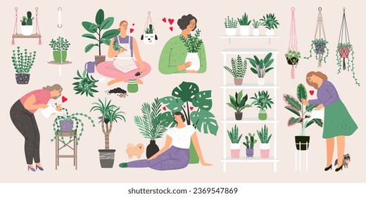 Collection of Houseplants in flower pots. Urban jungle decor set . Evergreen plants in planters hanging. Woman relaxing on sofa in greenhouse. Plant care, hobby, recreation. Vector illustration