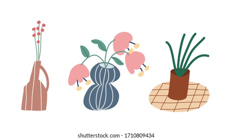 Collection of houseplants in vector. Potted plants, flowers in vases with striped ornament. Decorative element for cards, posters, stationary.