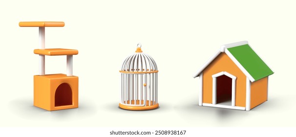 Collection of houses for cat, cat, bird. Empty kennel, bird cage, cat house with beds