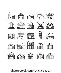 collection of houses with different styles, according to regions, periods, history, heritage. House, farm, mill, barn, storey, hanging, stilt, greenhouse, cottage, castle, thatched roof