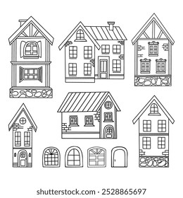 Collection houses doodles. Urban and rural different architecture. Vector illustration. Isolated hand outline drawings