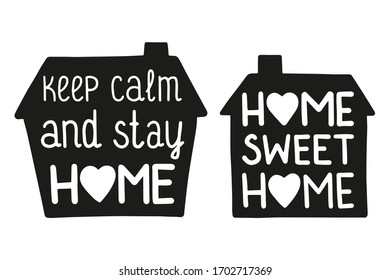 Collection houses with heart and  lettering. Isolated on white background. Vector illustration.