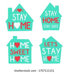 Collection houses with heart and  lettering. Isolated on white background. Vector illustration.