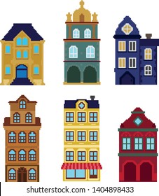 Collection of houses in the style of pixel art that can be used for games, applications, retro