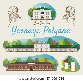 A collection of houses in Yasnaya Polyana in the city of Tula in the Russian Federation, a local attraction. Portrait of Leo Tolstoy.