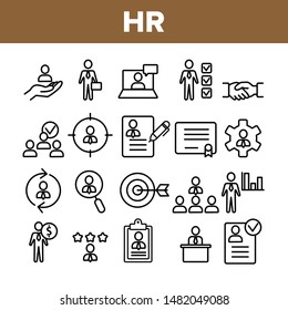 Collection HR Human Resources Icons Set Vector Thin Line. Profile And Target With Arrow, Handshake, Character Businessman And Video Conference HR Linear Pictograms. Monochrome Contour Illustrations
